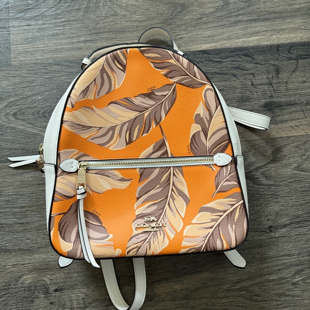 Coach Orange Leaf-Print Leather Mini Backpack with Cream Trim